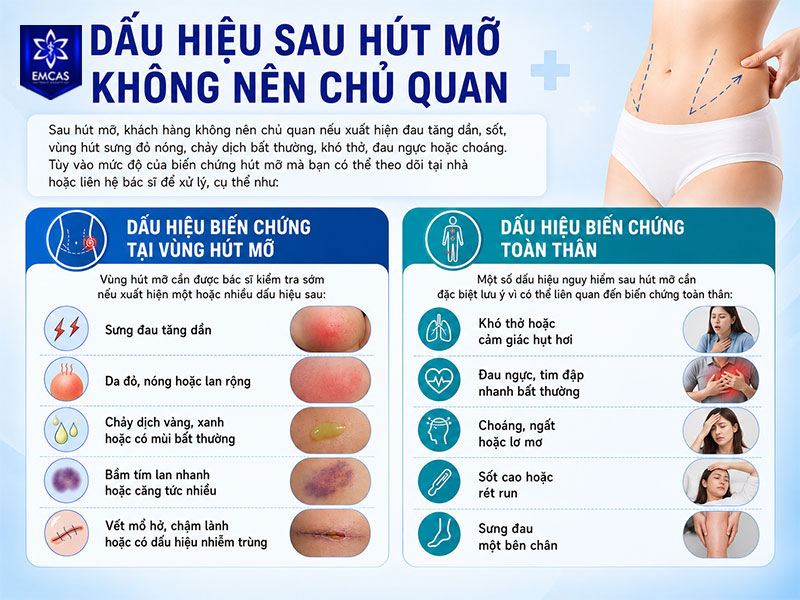 Sau hút mỡ, khách hàng không nên chủ quan nếu xuất hiện đau tăng dần, sốt, vùng hút sưng đỏ nóng, chảy dịch bất thường, khó thở, đau ngực hoặc choáng.