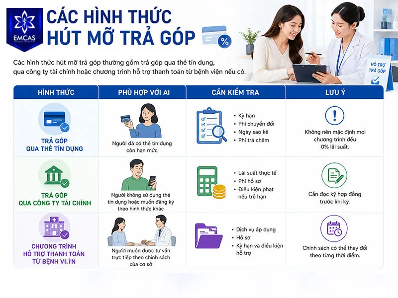 Các hình thức hút mỡ trả góp thường gồm trả góp qua thẻ tín dụng, qua công ty tài chính hoặc chương trình hỗ trợ thanh toán