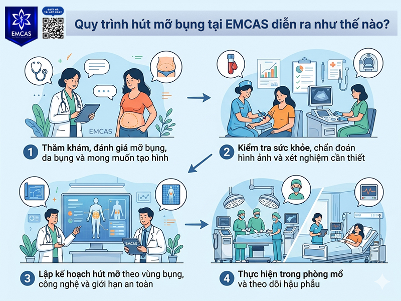 Quy trình hút mỡ bụng tại EMCAS nên bắt đầu bằng thăm khám trực tiếp, đánh giá sức khỏe và lập kế hoạch xử lý mỡ theo từng vùng bụng