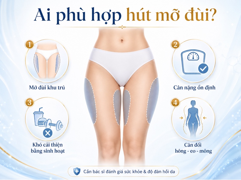 Hút mỡ đùi thường phù hợp với người có mỡ tích tụ khu trú ở vùng đùi, cân nặng tương đối ổn định và cần được bác sĩ đánh giá sức khỏe cũng như độ đàn hồi da trước khi thực hiện