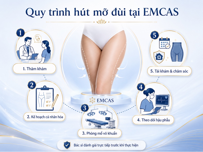 Quy trình hút mỡ vùng đùi tại EMCAS bắt đầu bằng thăm khám trực tiếp để bác sĩ đánh giá vùng mỡ, sức khỏe tổng quát, độ đàn hồi da và xây dựng phương án phù hợp với từng khách hàng.