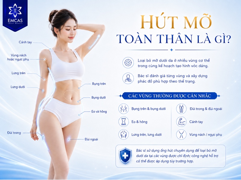 Hút mỡ toàn thân là phương pháp loại bỏ mỡ dưới da ở nhiều vùng cơ thể