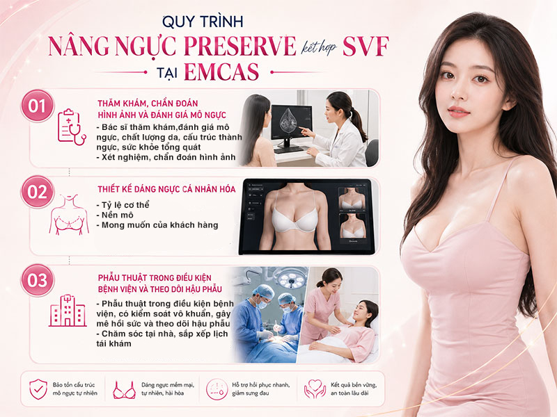 Quy trình nâng ngực Preserve kết hợp SVF tại EMCAS bắt đầu bằng thăm khám trực tiếp để bác sĩ đánh giá mô ngực, sức khỏe tổng quát và mức độ phù hợp với phương pháp.