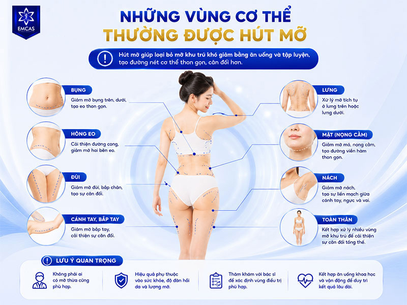 Hút mỡ thường được thực hiện ở những vùng có mỡ khu trú khó cải thiện bằng chế độ ăn uống và tập luyện như bụng, hông eo, đùi, cánh tay, lưng hoặc dưới cằm.