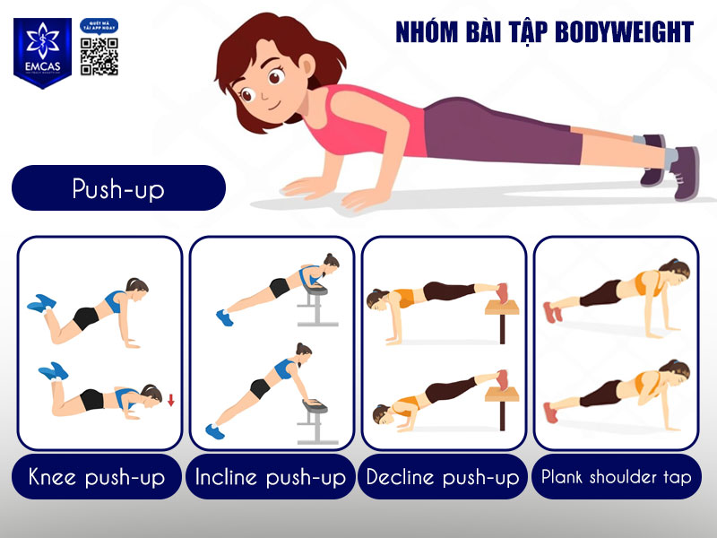 Nhóm bài tập bodyweight là nhóm bài tập không cần dụng cụ, phù hợp cho người mới bắt đầu hoặc muốn tập tại nhà.