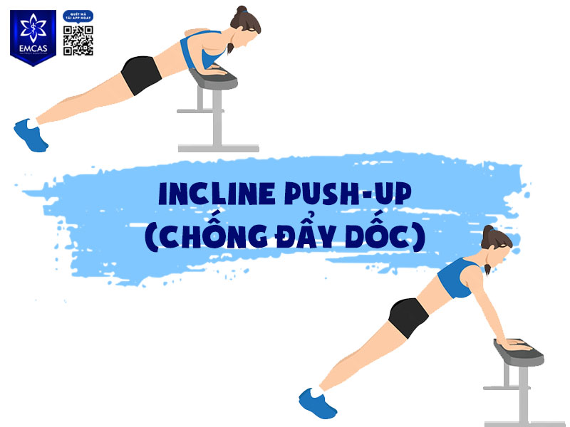 Incline Push-up là biến thể chống đẩy với tay đặt trên ghế hoặc bậc cao, giúp giảm tải trọng lượng cơ thể nên phù hợp với người mới bắt đầu hoặc người có lực tay yếu.