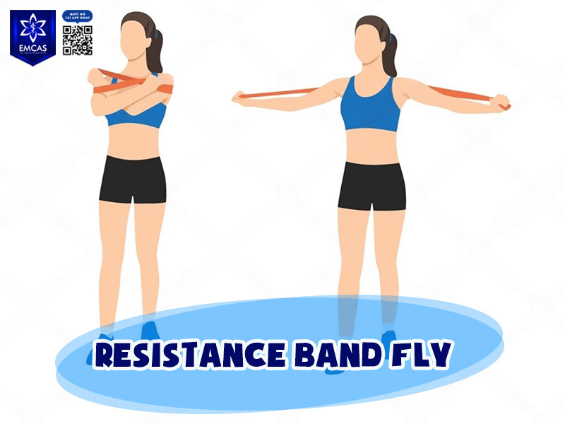 Resistance Band Fly là bài tập gym tăng vòng 1 mô phỏng động tác fly bằng dây kháng lực, hỗ trợ duy trì độ căng cơ ngực liên tục và cải thiện form ngực.